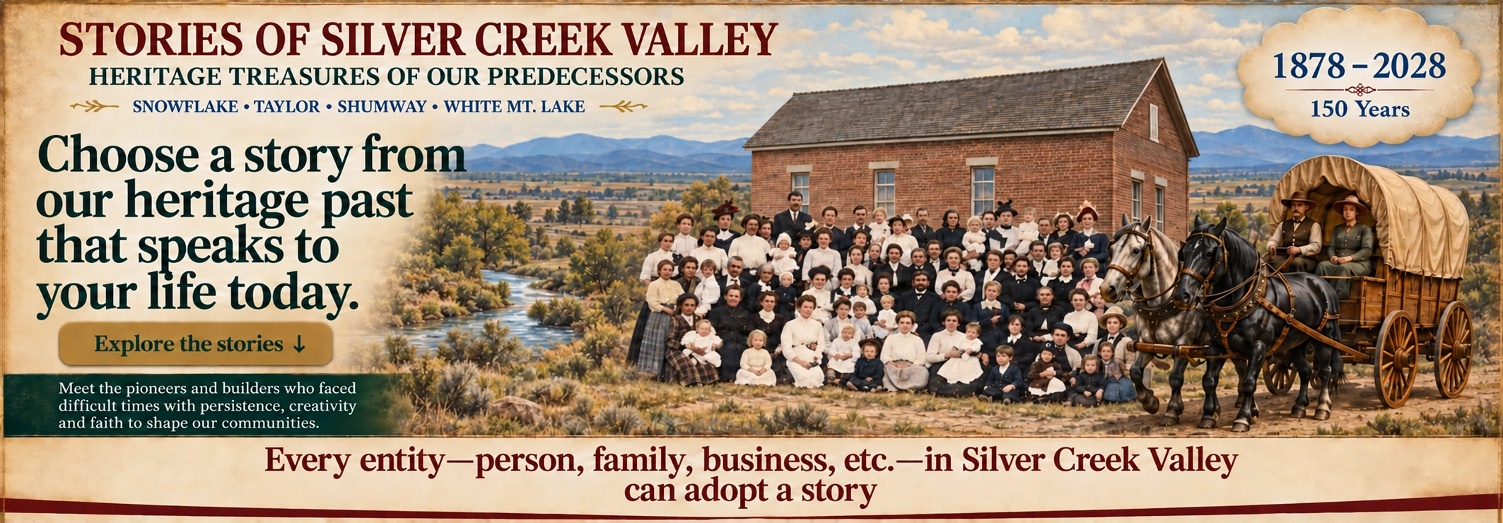 Stories of Silver Creek Valley: pioneers, the historic brick church building, Silver Creek, distant local mountains, a community group, and a covered wagon with the 1878–2028 celebration cloud